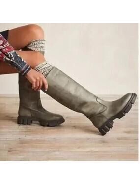 Free People Brooks Knee High Tall Boots Leather Lug Sole in Military Moss (10)